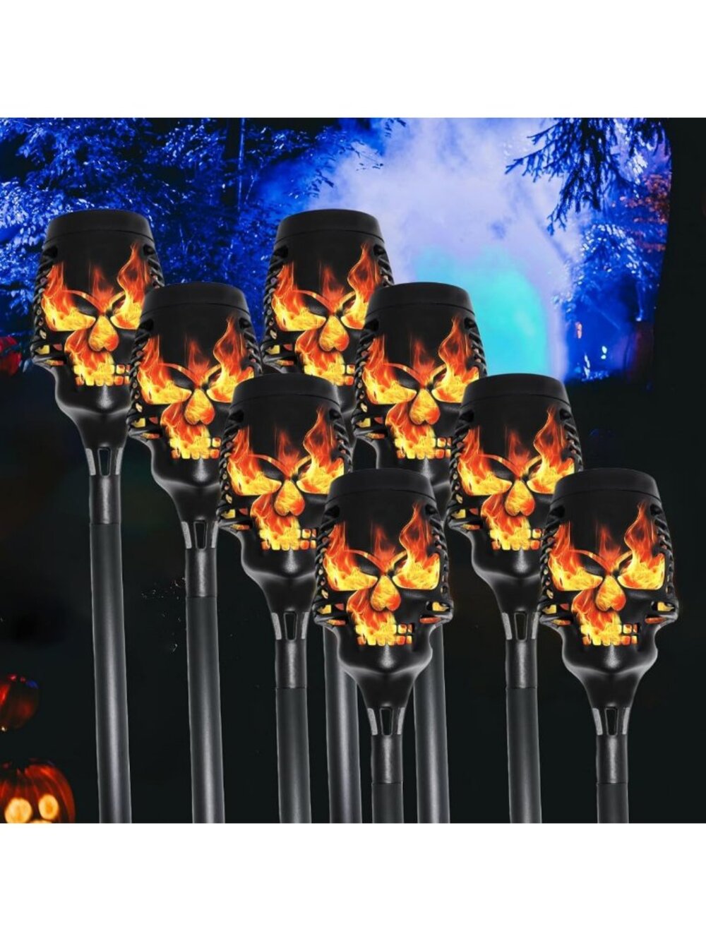 8-Pack Halloween Solar Skull Stake Lights for Pathway Decor - Spooky Orange Glow